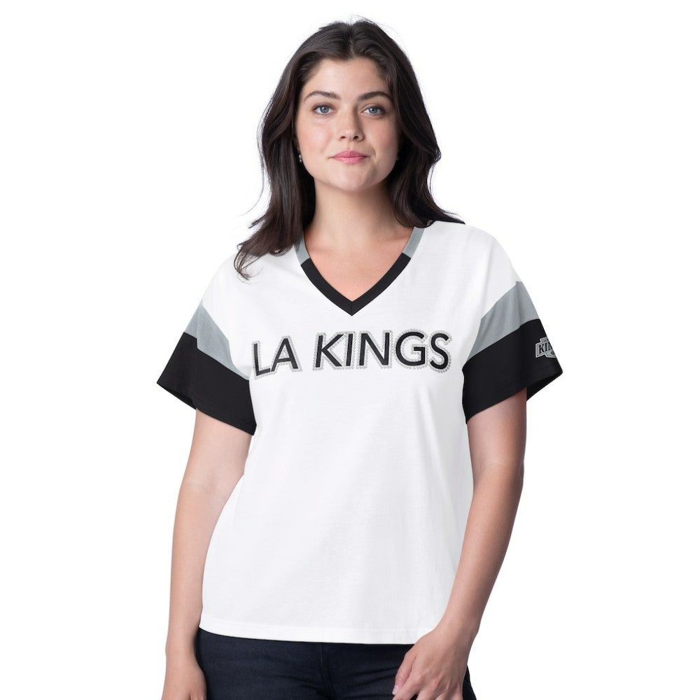 NHL Los Angeles Kings G-III 4Her by Carl Banks Women's Rink Oversized Rhinestone V-Neck T-Shirt - White