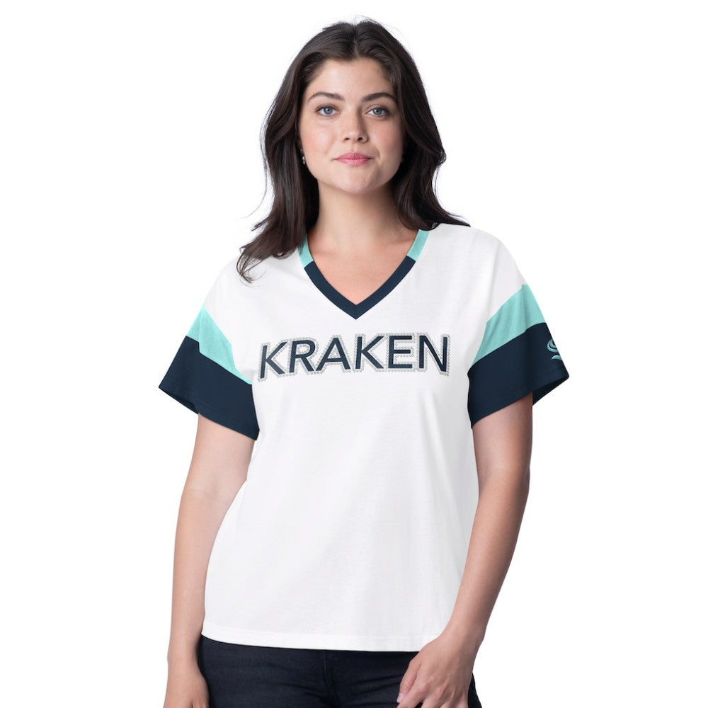 NHL Seattle Kraken G-III 4Her by Carl Banks Women's Rink Oversized Rhinestone V-Neck T-Shirt - White