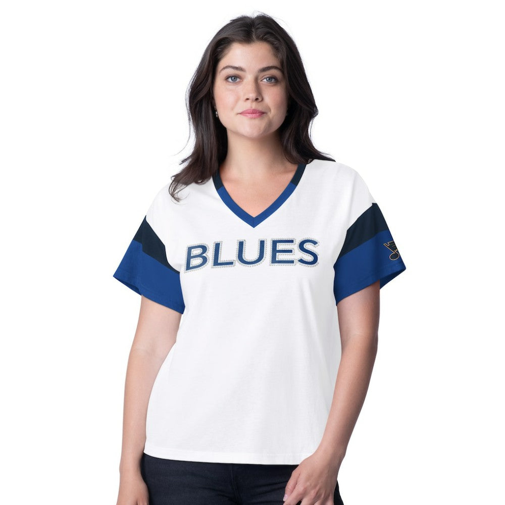 NHL St. Louis Blues G-III 4Her by Carl Banks Women's Rink Oversized Rhinestone V-Neck T-Shirt - White