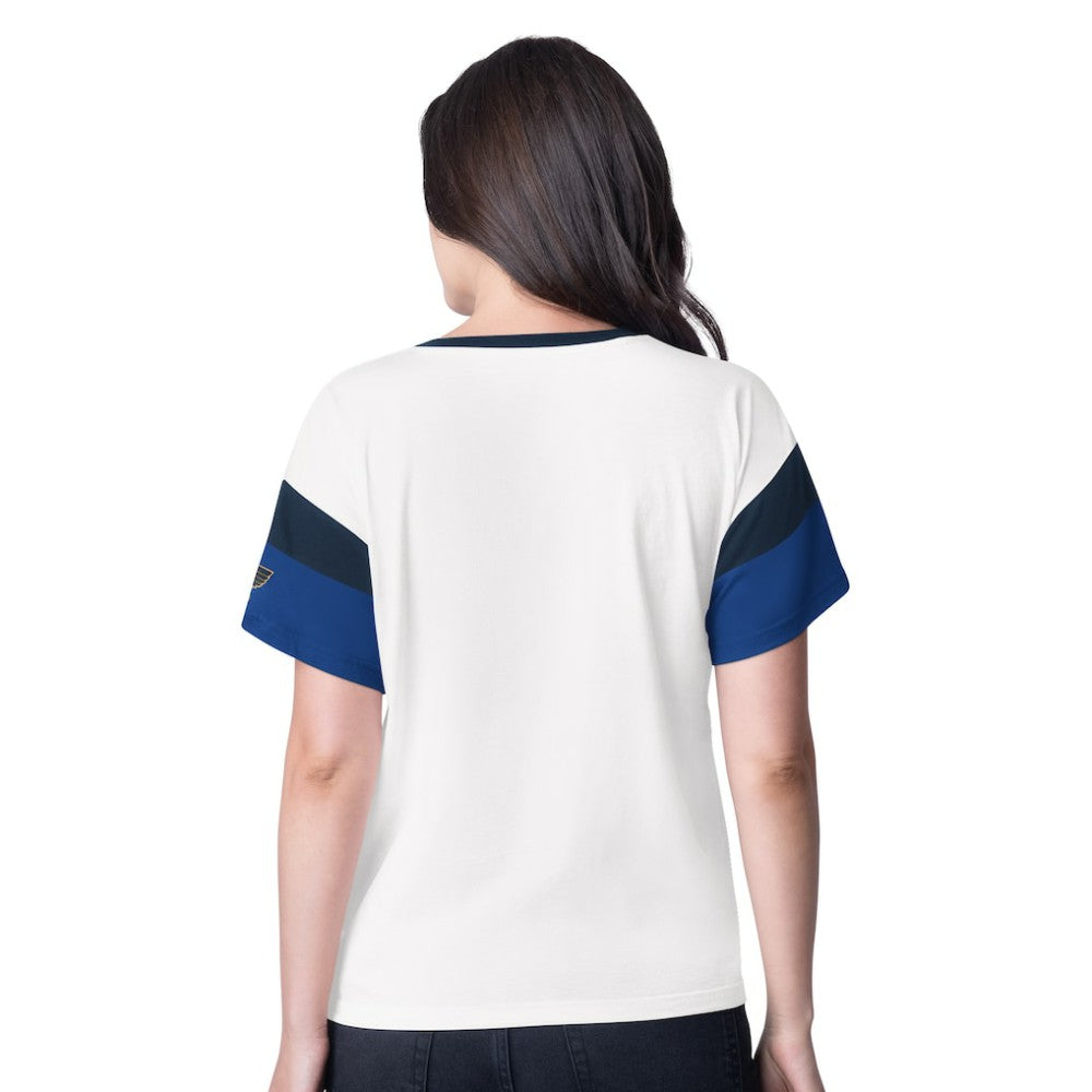 NHL St. Louis Blues G-III 4Her by Carl Banks Women's Rink Oversized Rhinestone V-Neck T-Shirt - White