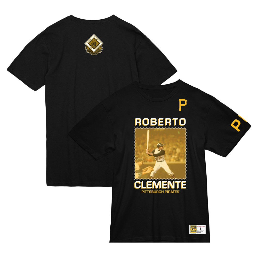 Roberto Clemente Pittsburgh Pirates Mitchell & Ness Cooperstown Collection Heavyweight Premium Player Vintage Logo T-Shirt - Black T-shirts