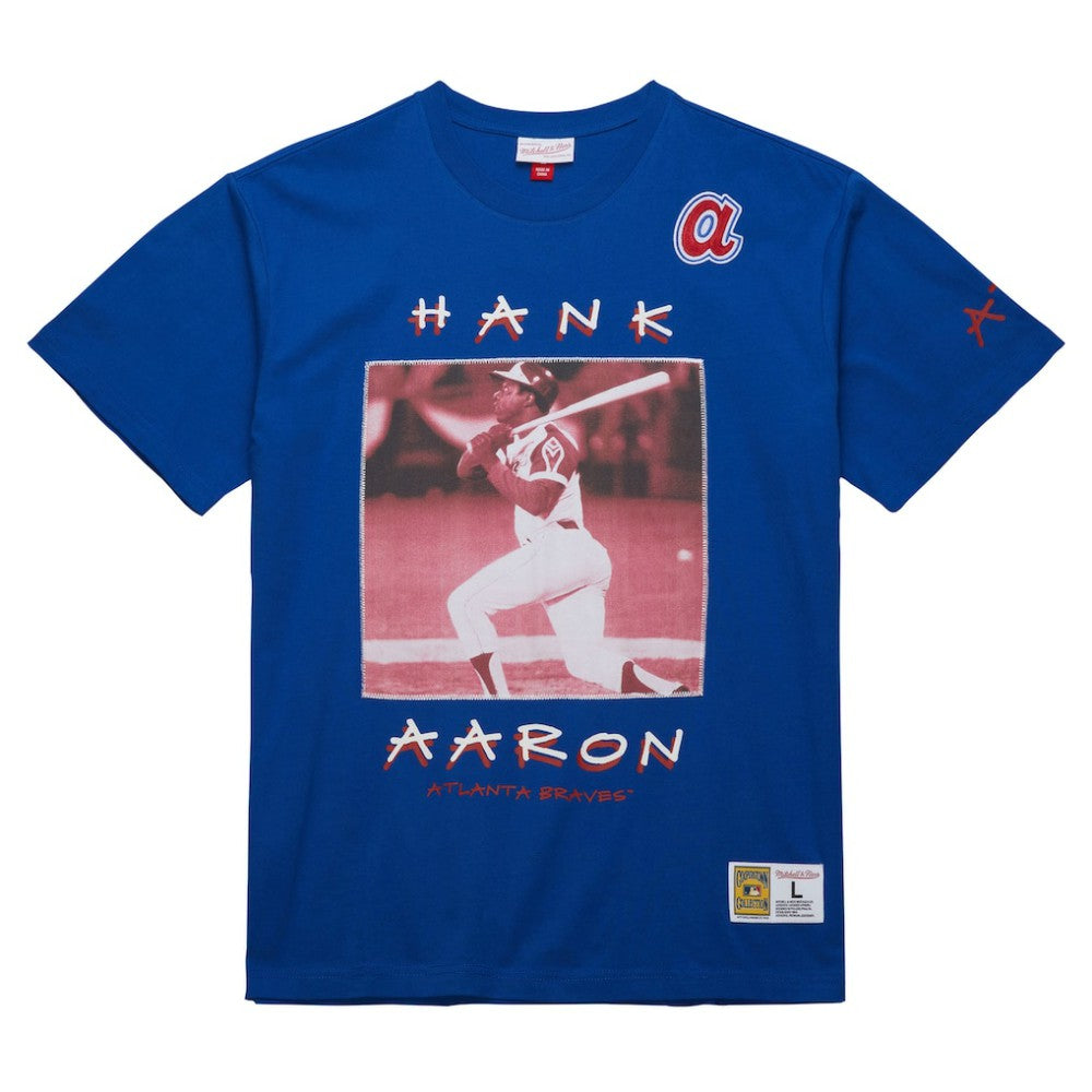 Hank Aaron Atlanta Braves Mitchell & Ness Cooperstown Collection Heavyweight Premium Player Vintage Logo T-Shirt - Royal T-shirts