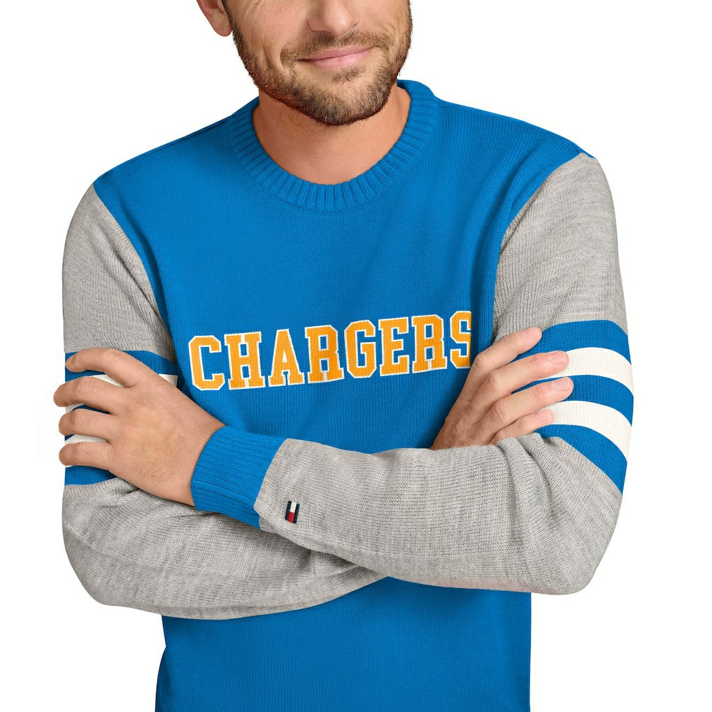Los Angeles Chargers Tommy Hilfiger Acrylic Crewneck Pullover Sweater Powder Blue/Heather Gray