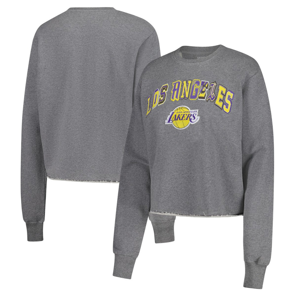 Los Angeles Lakers Sportiqe Women's Varsity Collection Kacey Cropped Pullover Sweatshirt Heather Gray