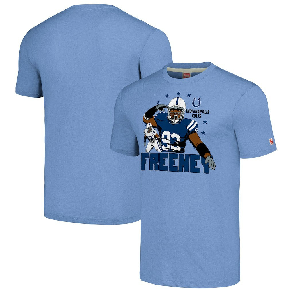 Dwight Freeney Indianapolis Colts Homage Unisex Caricature Retired Player Tri-Blend T-Shirt Light Blue