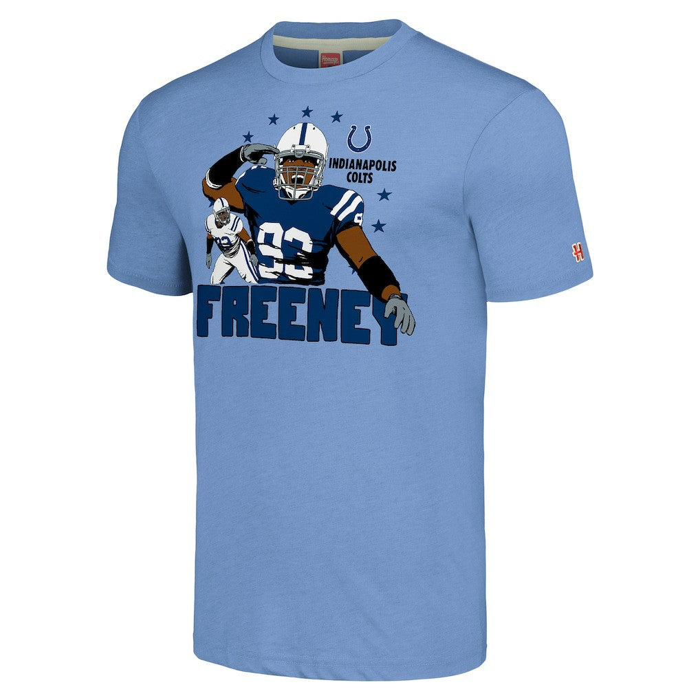 Dwight Freeney Indianapolis Colts Homage Unisex Caricature Retired Player Tri-Blend T-Shirt Light Blue