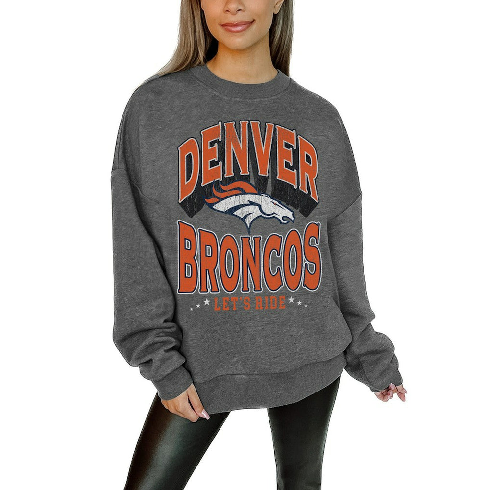 Denver Broncos Gameday Couture Women's Oversized Long Weekend Premium Fleece Drop Shoulder Pullover Sweatshirt Charcoal