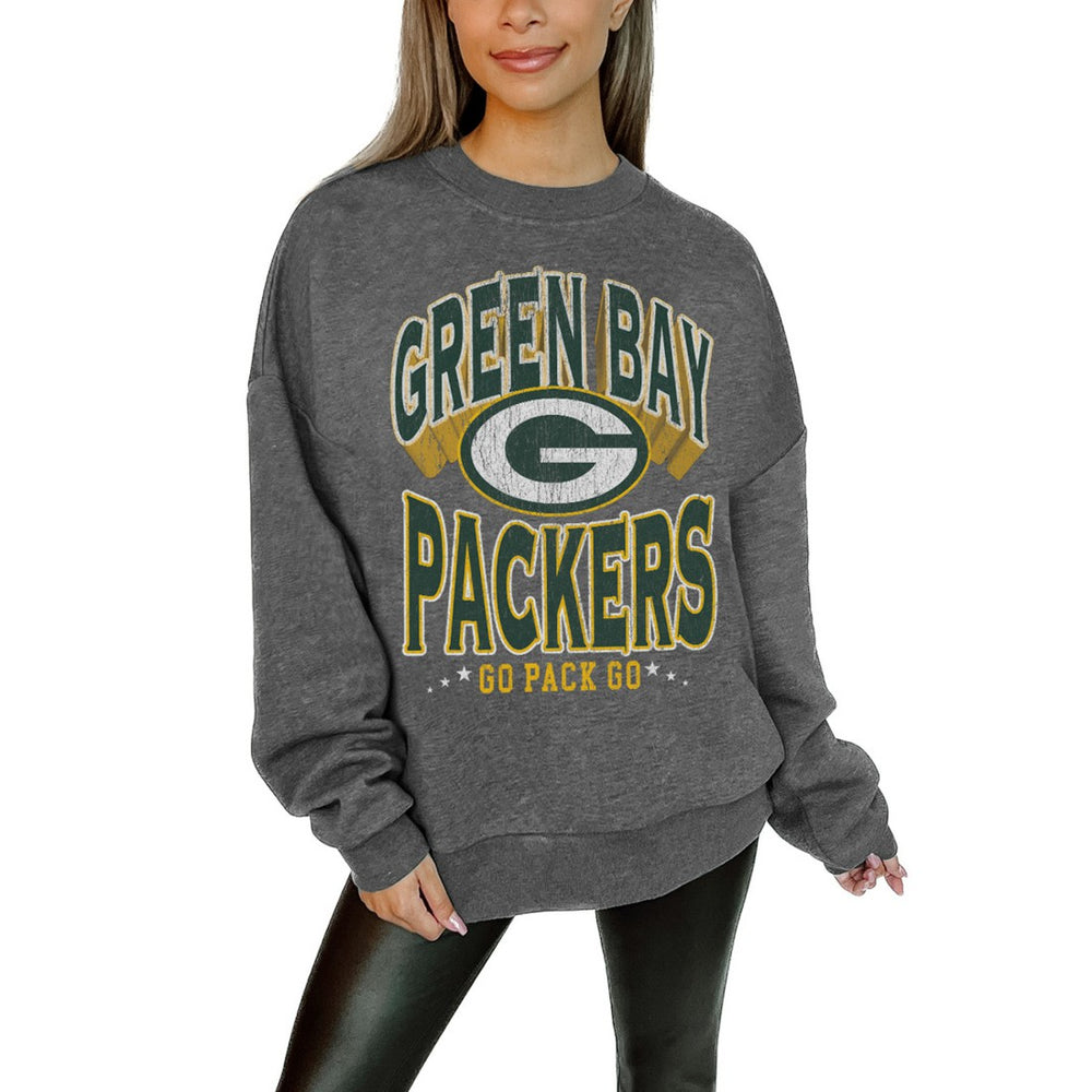Green Bay Packers Gameday Couture Women's Oversized Long Weekend Premium Fleece Drop Shoulder Pullover Sweatshirt Charcoal