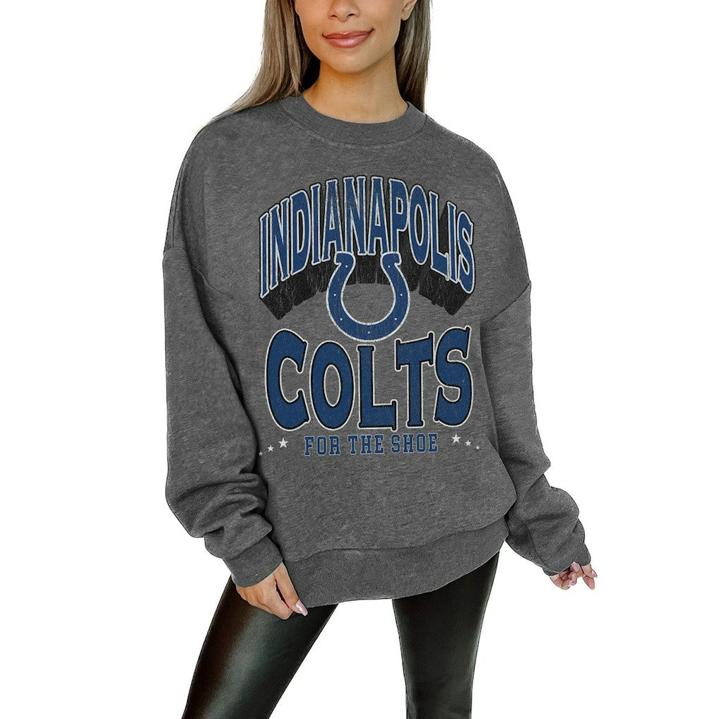 Indianapolis Colts Gameday Couture Women's Oversized Long Weekend Premium Fleece Drop Shoulder Pullover Sweatshirt Charcoal