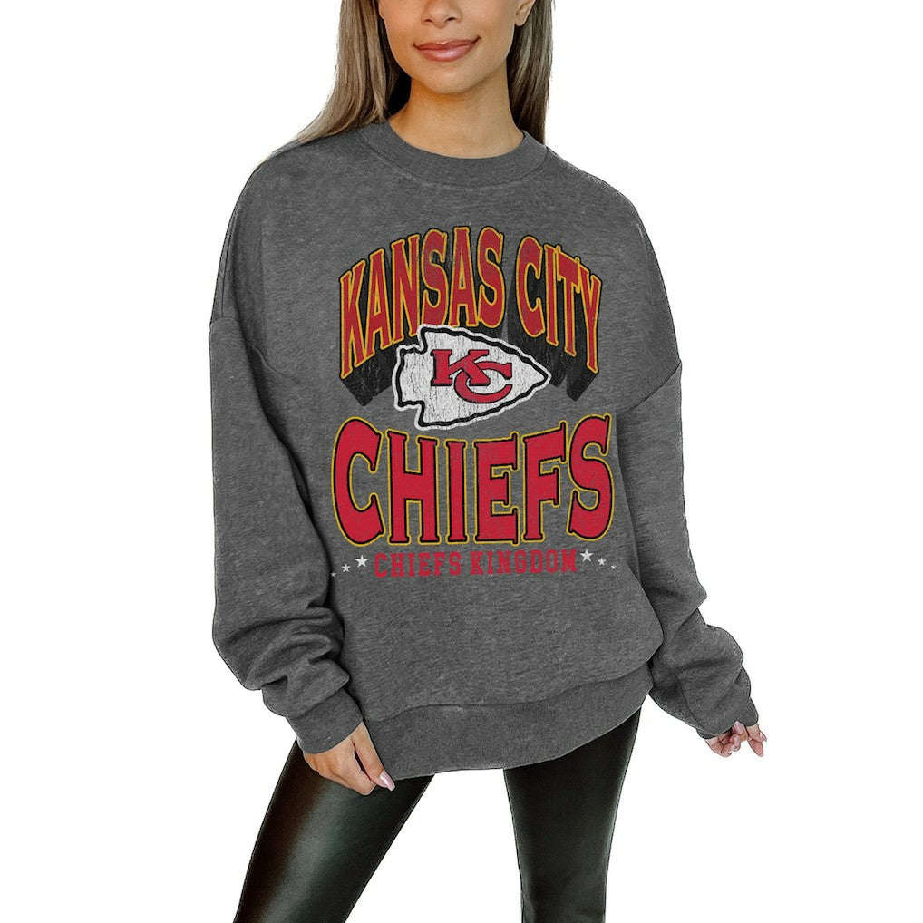 Kansas City Chiefs Gameday Couture Women's Oversized Long Weekend Premium Fleece Drop Shoulder Pullover Sweatshirt Charcoal