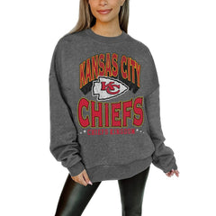 Kansas City Chiefs Gameday Couture Women's Oversized Long Weekend Premium Fleece Drop Shoulder Pullover Sweatshirt Charcoal
