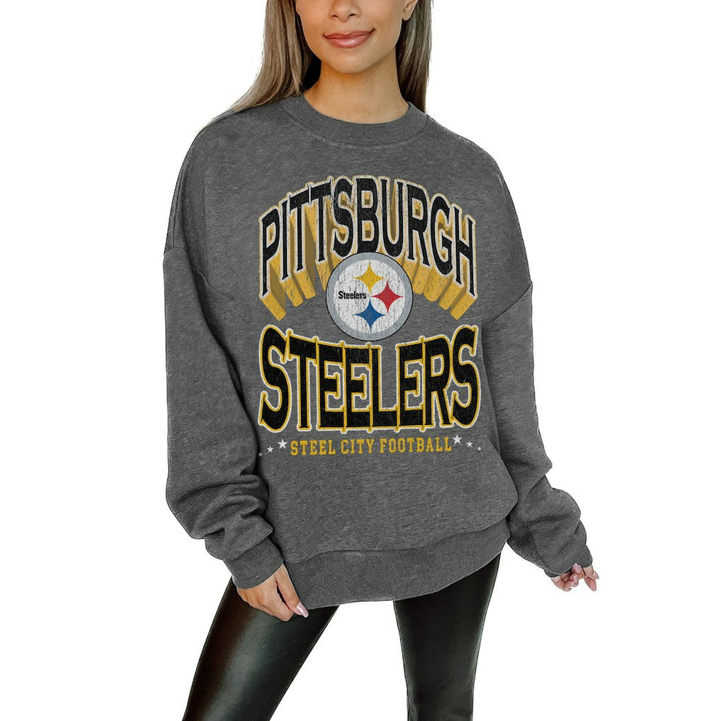 Pittsburgh Steelers Gameday Couture Women's Oversized Long Weekend Premium Fleece Drop Shoulder Pullover Sweatshirt Charcoal