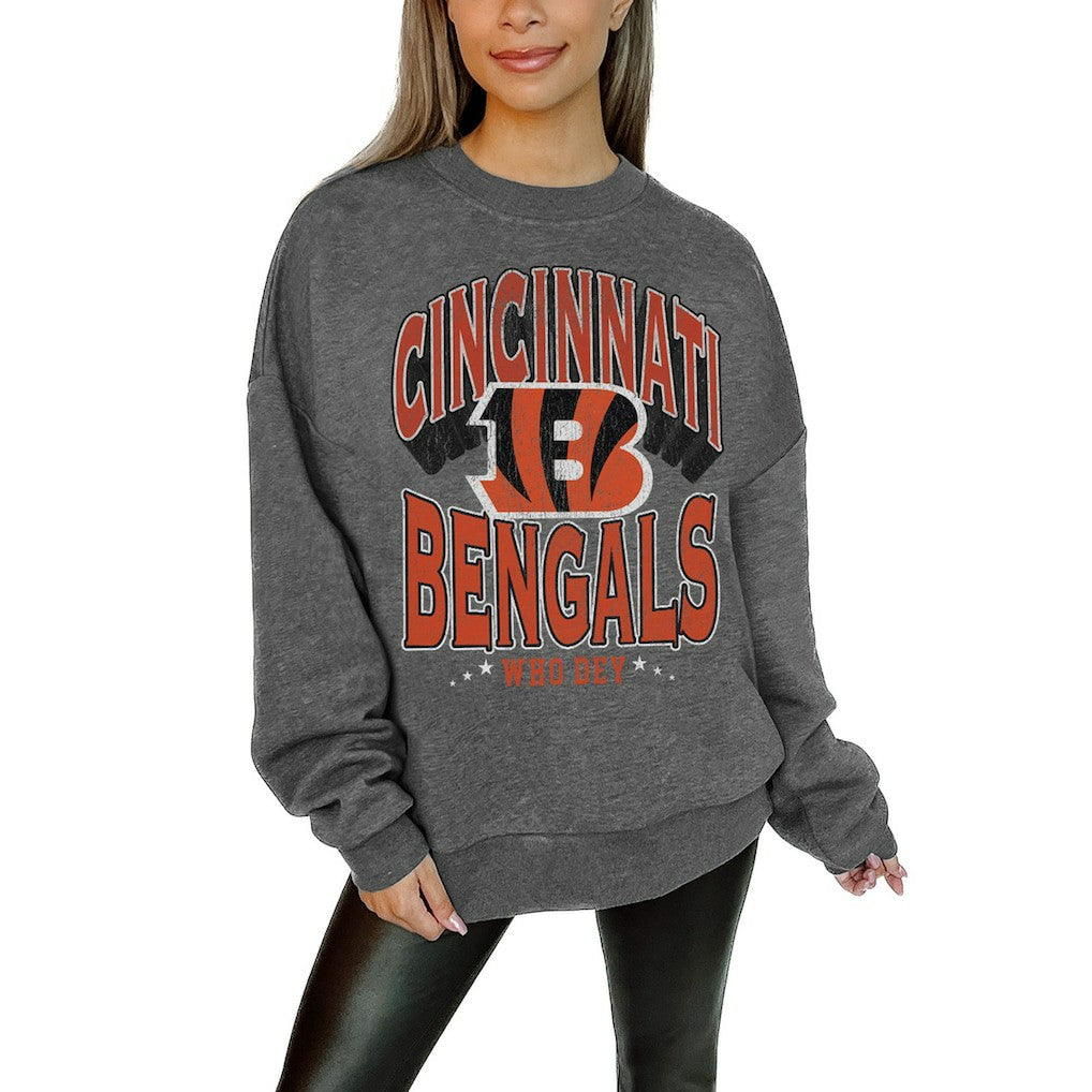 Cincinnati Bengals Gameday Couture Women's Oversized Long Weekend Premium Fleece Drop Shoulder Pullover Sweatshirt Charcoal