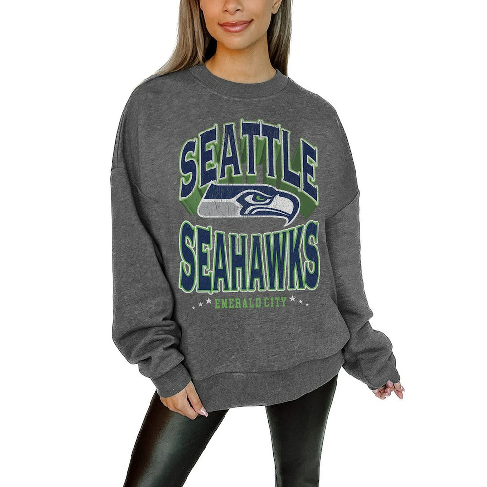 Seattle Seahawks Gameday Couture Women's Oversized Long Weekend Premium Fleece Drop Shoulder Pullover Sweatshirt Charcoal