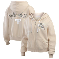 Chicago Bulls WEAR by Erin Andrews Women's Tonal Felt Patch Full-Zip Hoodie Tan