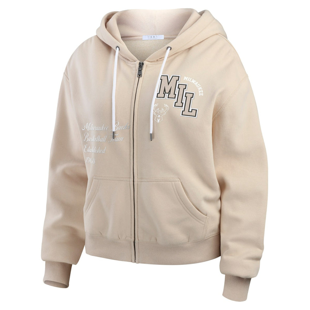 Milwaukee Bucks WEAR by Erin Andrews Women's Tonal Felt Patch Full-Zip Hoodie Tan