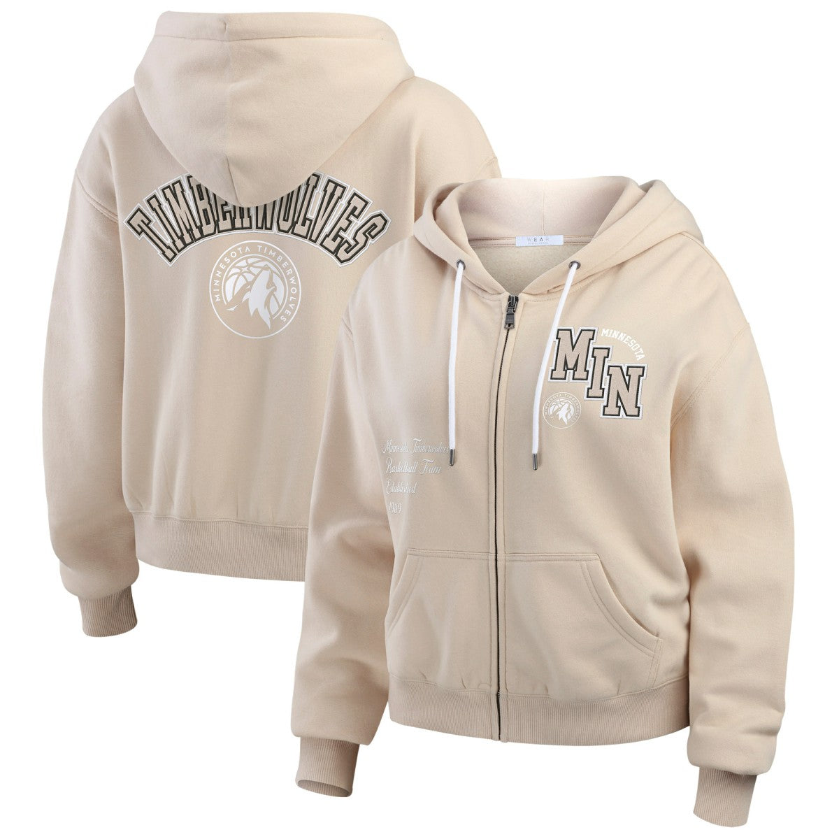 Minnesota Timberwolves WEAR by Erin Andrews Women's Tonal Felt Patch Full-Zip Hoodie Tan