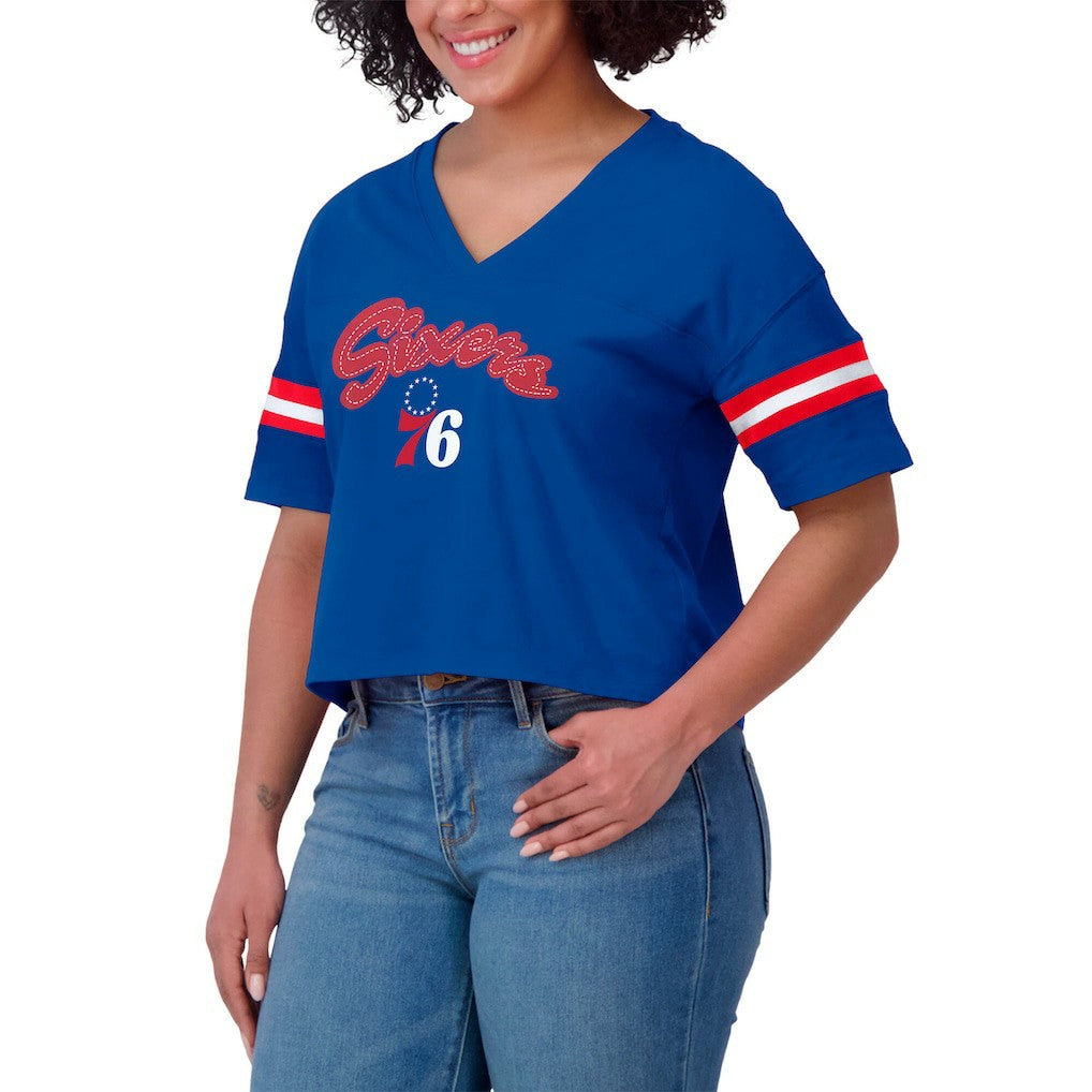 Philadelphia 76ers WEAR by Erin Andrews Women's Color Block Boxy V-Neck T-Shirt Royal