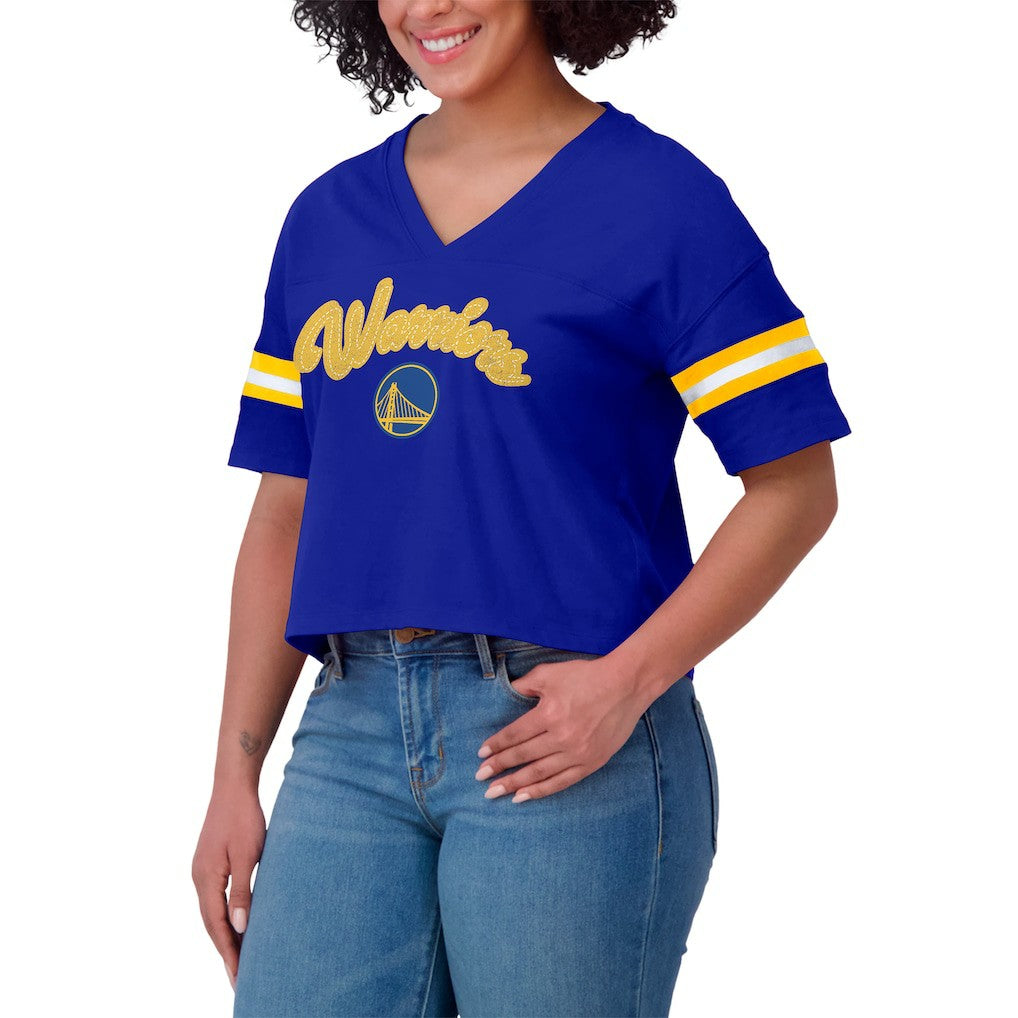 Golden State Warriors WEAR by Erin Andrews Women's Plus Size Color Block Boxy V-Neck T-Shirt Royal