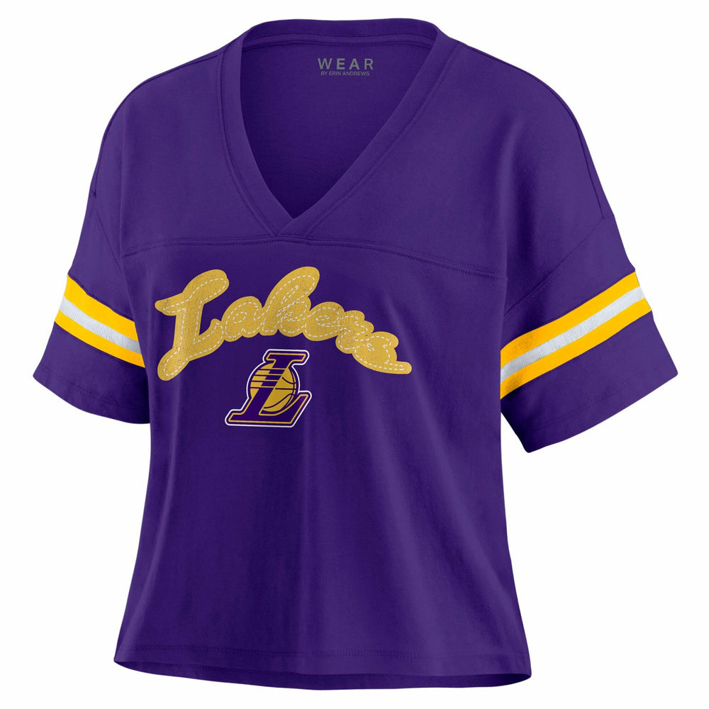 Los Angeles Lakers WEAR by Erin Andrews Women's Plus Size Color Block Boxy V-Neck T-Shirt Purple