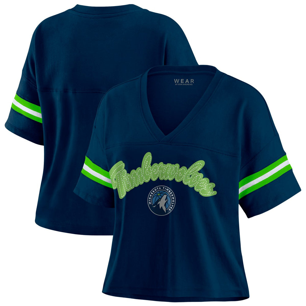 Minnesota Timberwolves WEAR by Erin Andrews Women's Plus Size Color Block Boxy V-Neck T-Shirt Navy