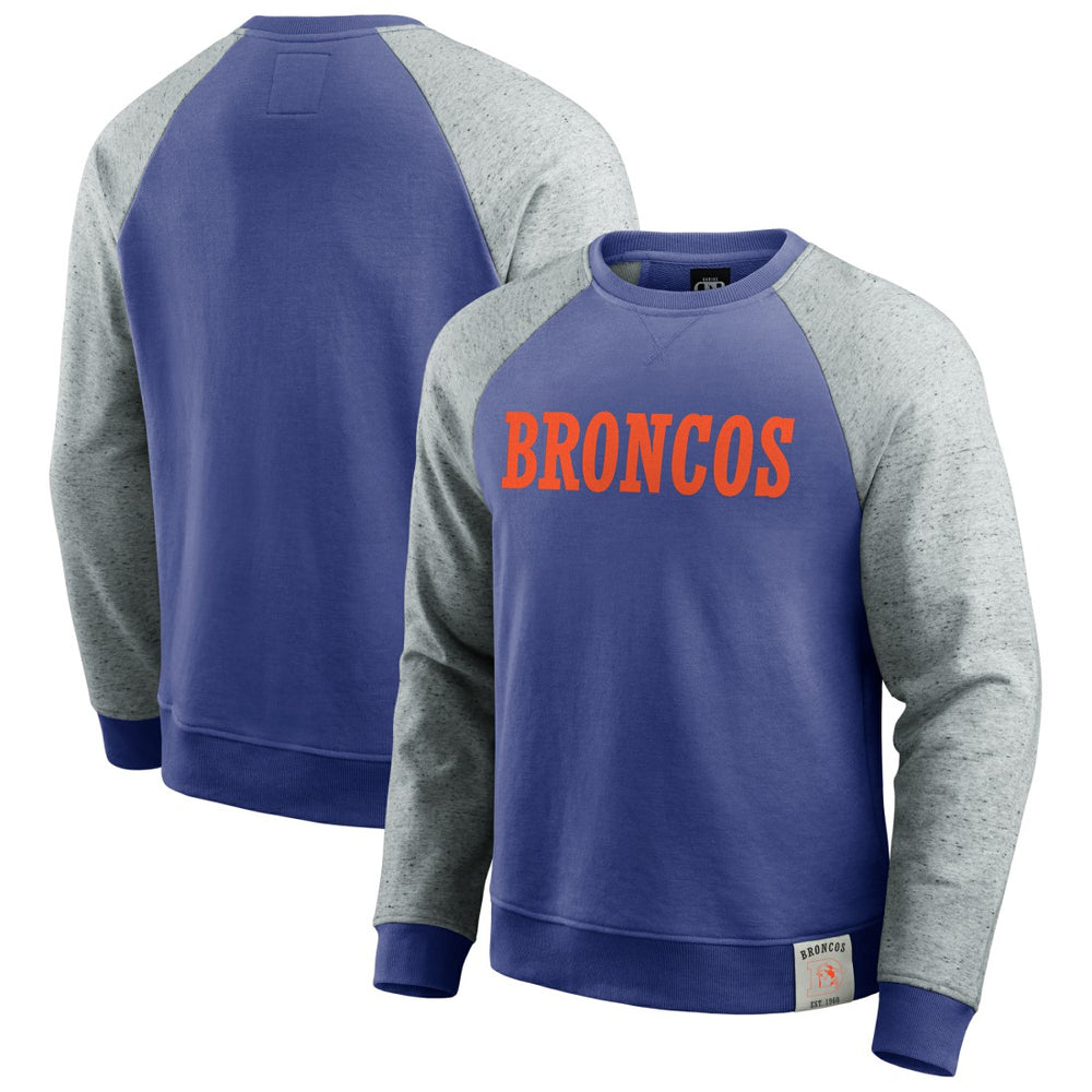 Denver Broncos Darius Rucker Collection Throwback Color Block Raglan Pullover Sweatshirt Royal/Heather Gray