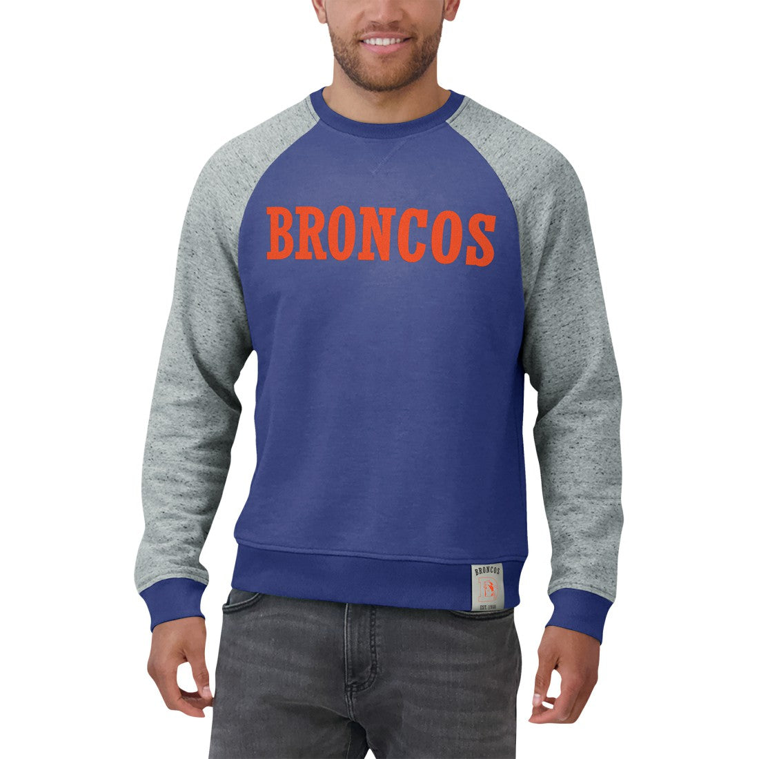 Denver Broncos Darius Rucker Collection Throwback Color Block Raglan Pullover Sweatshirt Royal/Heather Gray