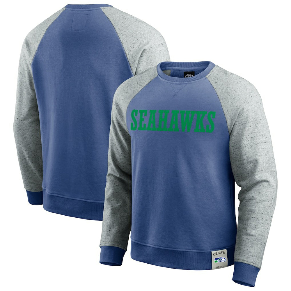 Seattle Seahawks Darius Rucker Collection Throwback Color Block Raglan Pullover Sweatshirt Royal/Heather Gray