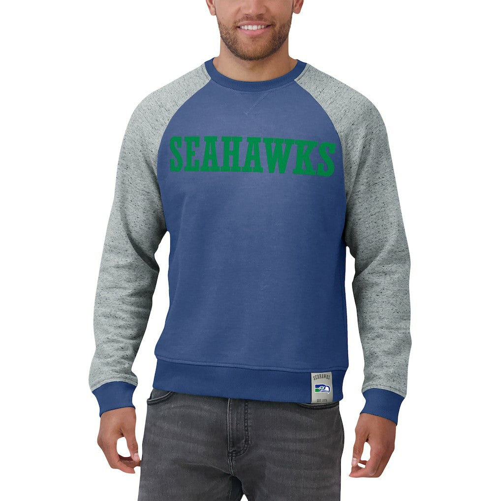 Seattle Seahawks Darius Rucker Collection Throwback Color Block Raglan Pullover Sweatshirt Royal/Heather Gray