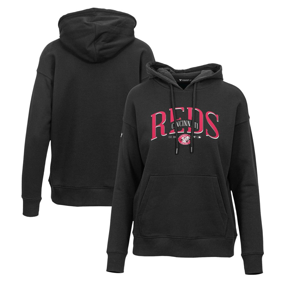 Cincinnati Reds Levelwear Women's Adorn Cooperstown Collection Retro Spellout Pullover Hoodie - Black Hoodies