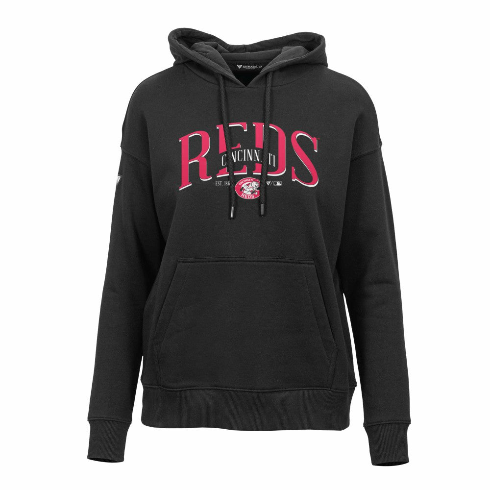 Cincinnati Reds Levelwear Women's Adorn Cooperstown Collection Retro Spellout Pullover Hoodie - Black Hoodies