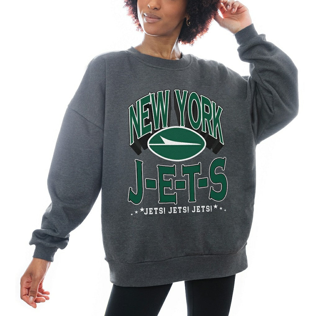 New York Jets Gameday Couture Women's Oversized Long Weekend Premium Fleece Drop Shoulder Pullover Sweatshirt Charcoal