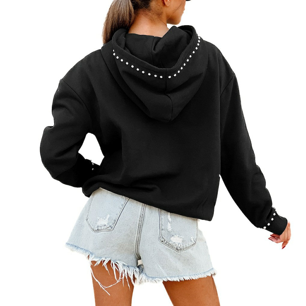 New York Jets Gameday Couture Women's Oversized Catch the Vibe Studded Pullover Hoodie Black