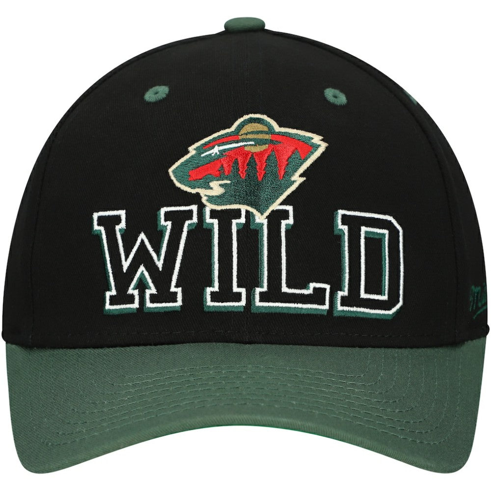 NHL Minnesota Wild Mitchell & Ness Backside Script 2-Tone Pro Crown Adjustable Hat - Black/Green