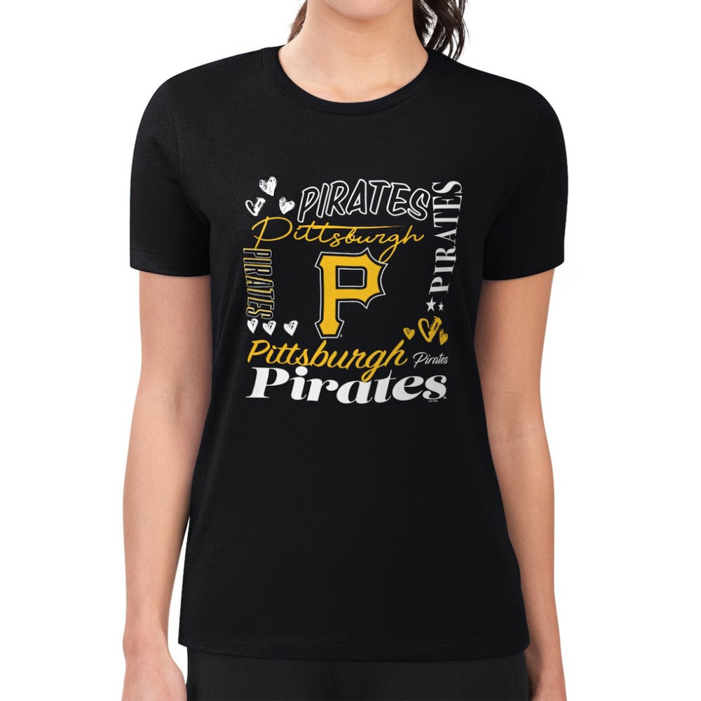 Pittsburgh Pirates G-III 4Her by Carl Banks Women's Super-Slim Fit Lightweight Collage Team Graphic Crew Neck T-Shirt - Black T-shirts