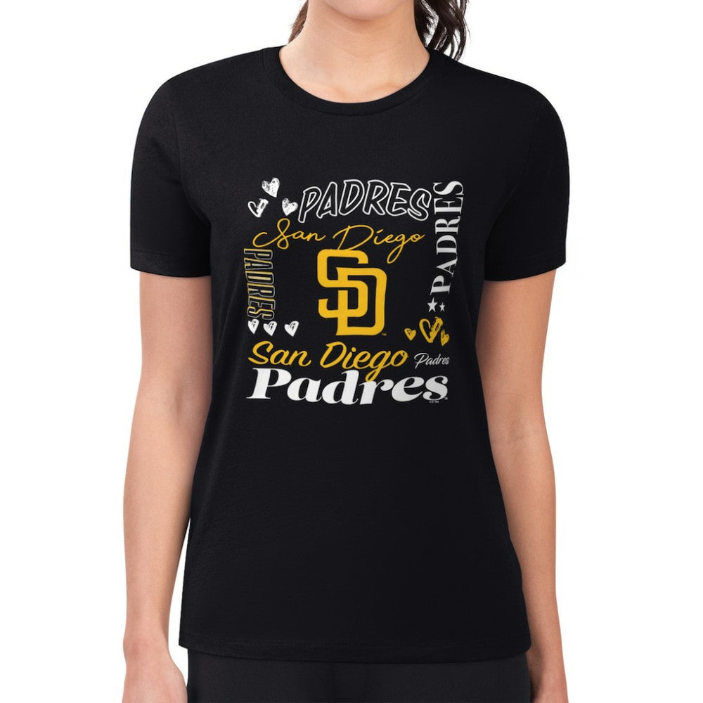 San Diego Padres G-III 4Her by Carl Banks Women's Super-Slim Fit Lightweight Collage Team Graphic Crew Neck T-Shirt - Black T-shirts