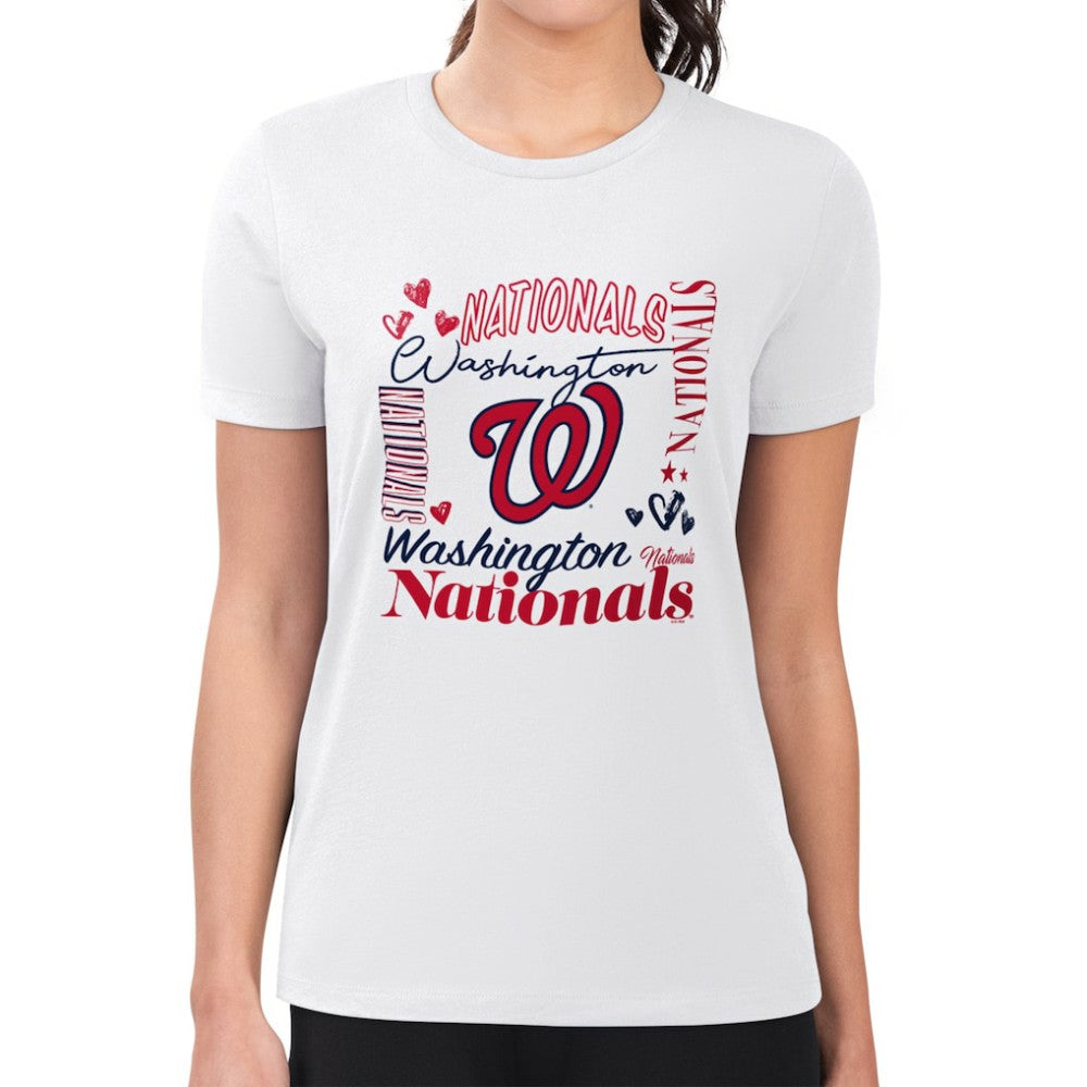 Washington Nationals G-III 4Her by Carl Banks Women's Super-Slim Fit Lightweight Collage Team Graphic Crew Neck T-Shirt - White T-shirts