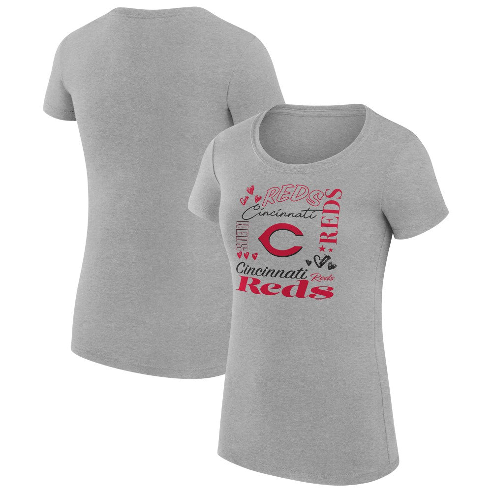 Cincinnati Reds G-III 4Her by Carl Banks Women's Super-Slim Fit Lightweight Collage Team Graphic Crew Neck T-Shirt - Heather Gray T-shirts