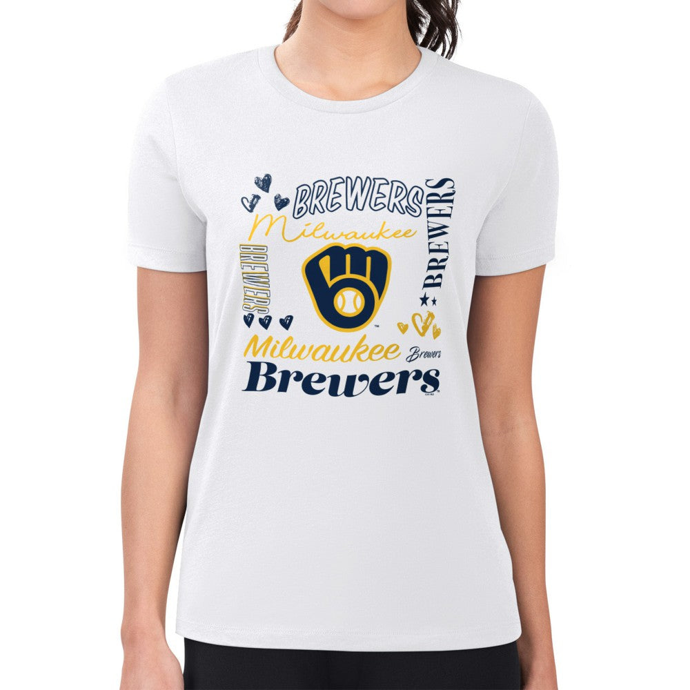 Milwaukee Brewers G-III 4Her by Carl Banks Women's Super-Slim Fit Lightweight Collage Team Graphic Crew Neck T-Shirt - White T-shirts