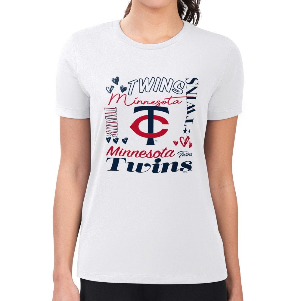 Minnesota Twins G-III 4Her by Carl Banks Women's Super-Slim Fit Lightweight Collage Team Graphic Crew Neck T-Shirt - White T-shirts