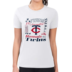 Minnesota Twins G-III 4Her by Carl Banks Women's Super-Slim Fit Lightweight Collage Team Graphic Crew Neck T-Shirt - White T-shirts