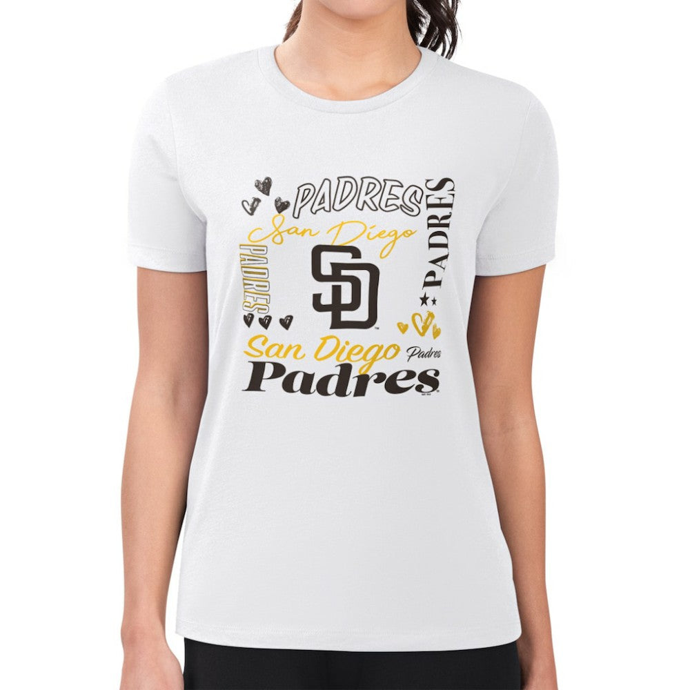 San Diego Padres G-III 4Her by Carl Banks Women's Super-Slim Fit Lightweight Collage Team Graphic Crew Neck T-Shirt - White T-shirts