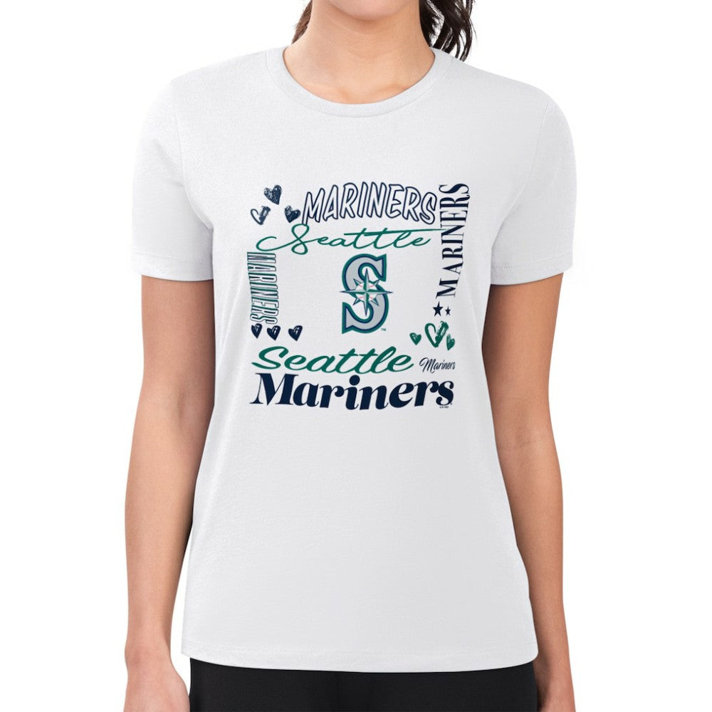Seattle Mariners G-III 4Her by Carl Banks Women's Super-Slim Fit Lightweight Collage Team Graphic Crew Neck T-Shirt - White T-shirts