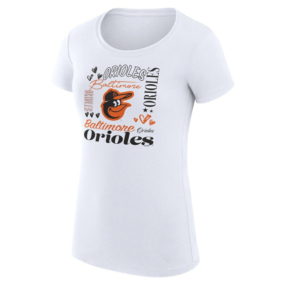 Baltimore Orioles G-III 4Her by Carl Banks Women's Super-Slim Fit Lightweight Collage Team Graphic Crew Neck T-Shirt - White T-shirts