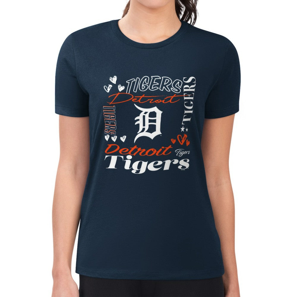 Detroit Tigers G-III 4Her by Carl Banks Women's Super-Slim Fit Lightweight Collage Team Graphic Crew Neck T-Shirt - Navy T-shirts