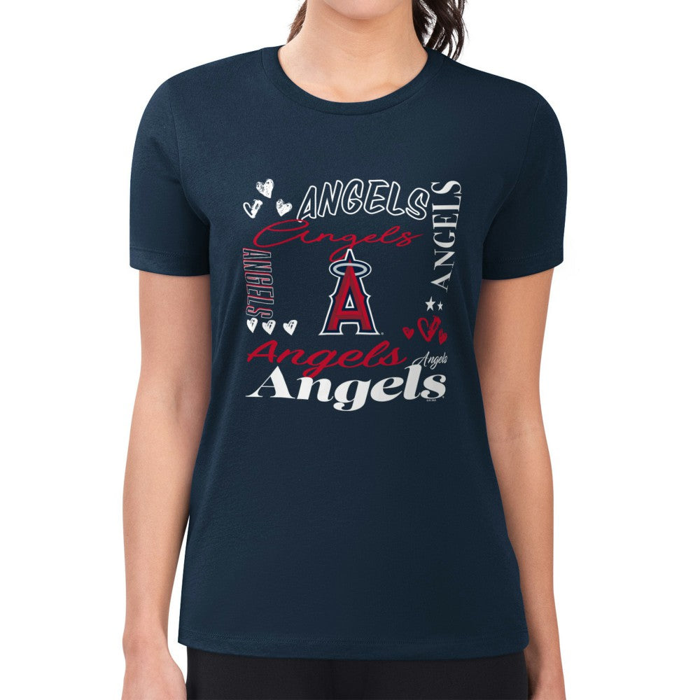 Los Angeles Angels G-III 4Her by Carl Banks Women's Super-Slim Fit Lightweight Collage Team Graphic Crew Neck T-Shirt - Navy T-shirts