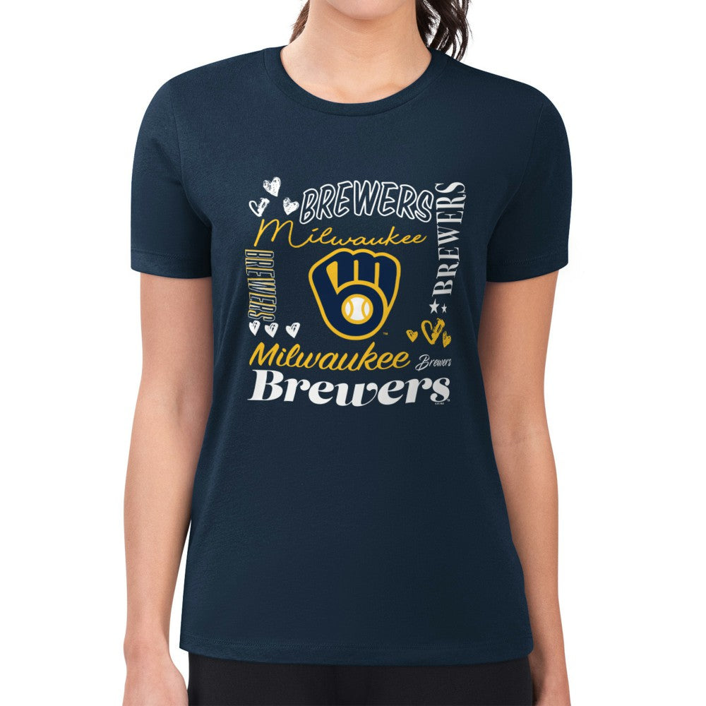 Milwaukee Brewers G-III 4Her by Carl Banks Women's Super-Slim Fit Lightweight Collage Team Graphic Crew Neck T-Shirt - Navy T-shirts