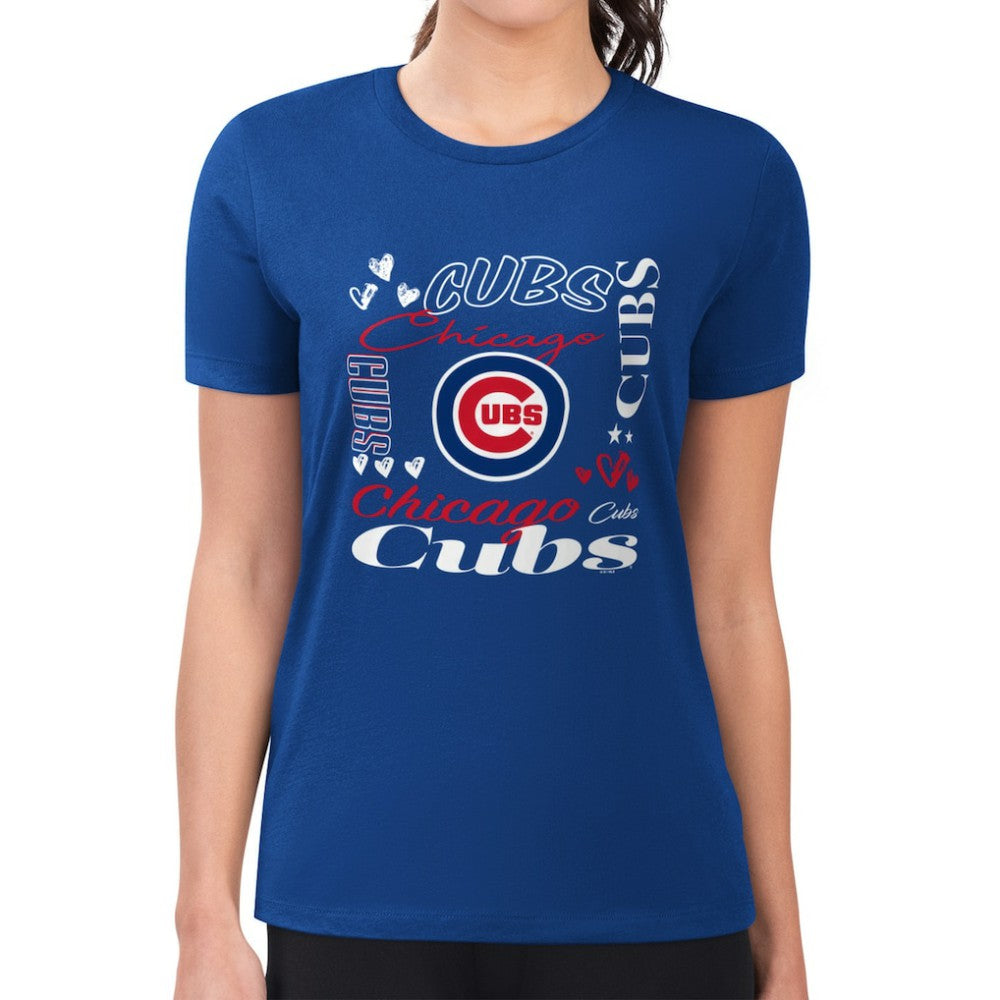Chicago Cubs G-III 4Her by Carl Banks Women's Super-Slim Fit Lightweight Collage Team Graphic Crew Neck T-Shirt - Royal T-shirts