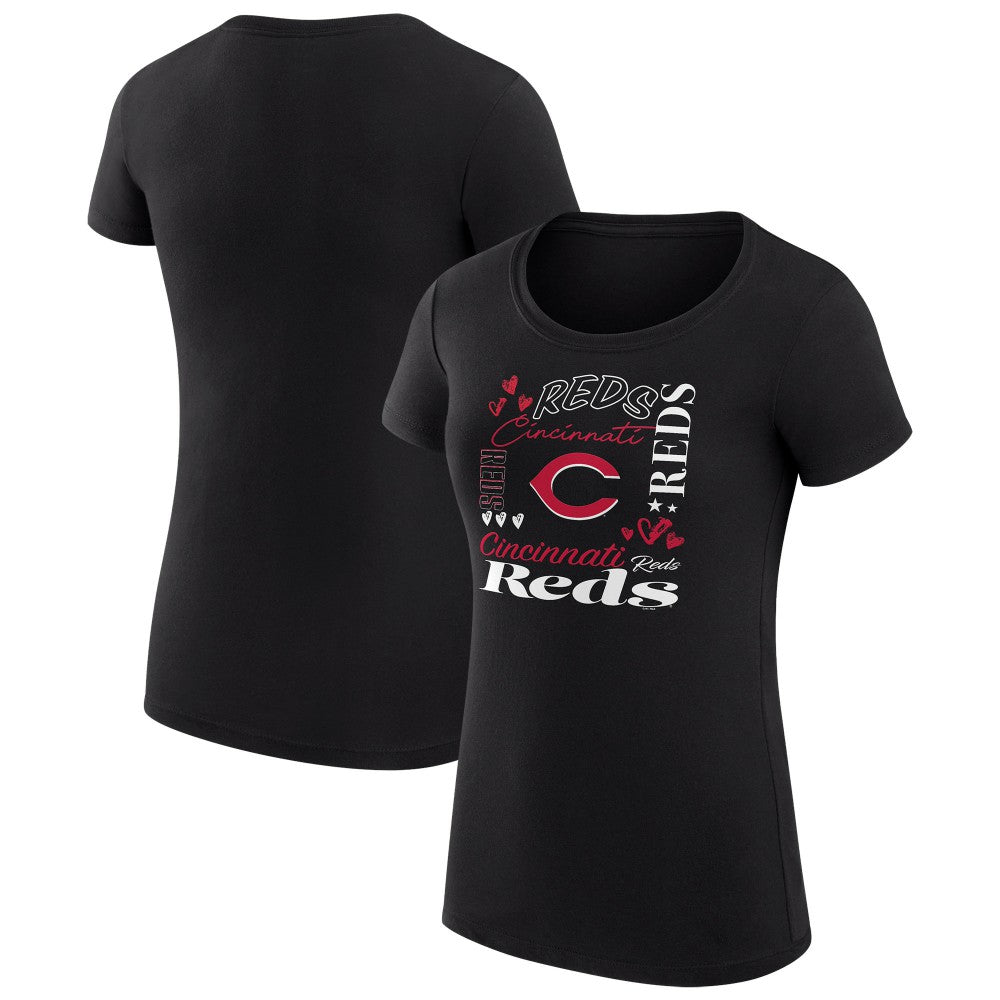 Cincinnati Reds G-III 4Her by Carl Banks Women's Super-Slim Fit Lightweight Collage Team Graphic Crew Neck T-Shirt - Black T-shirts