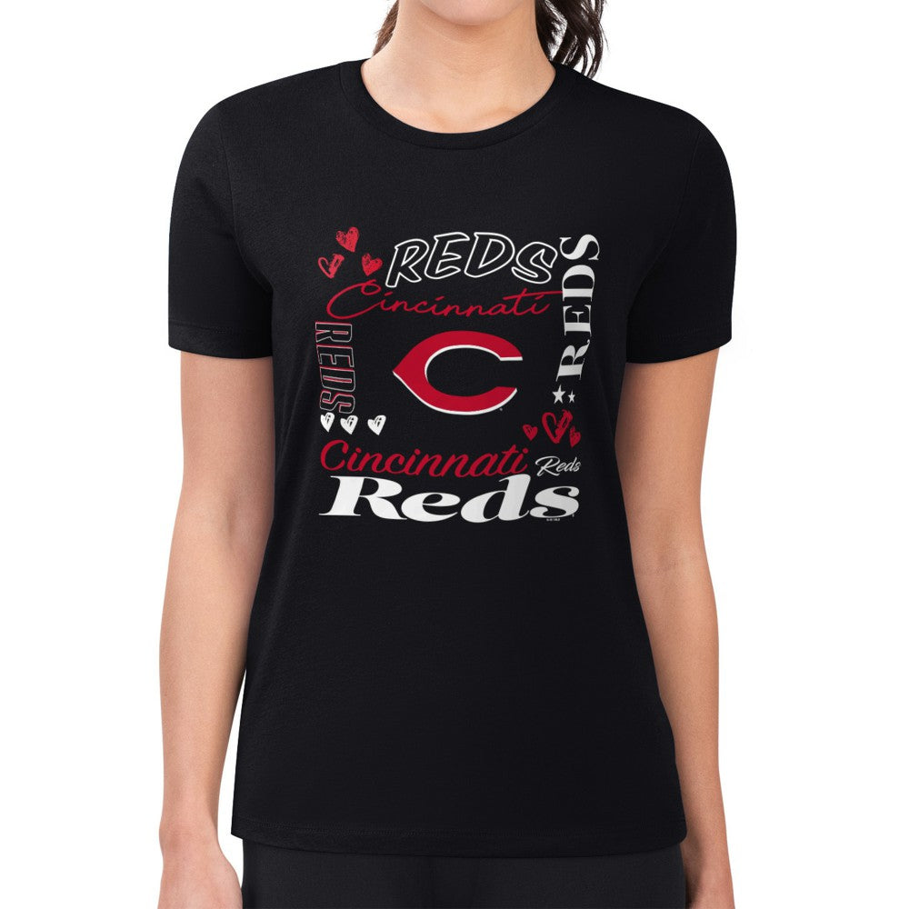 Cincinnati Reds G-III 4Her by Carl Banks Women's Super-Slim Fit Lightweight Collage Team Graphic Crew Neck T-Shirt - Black T-shirts